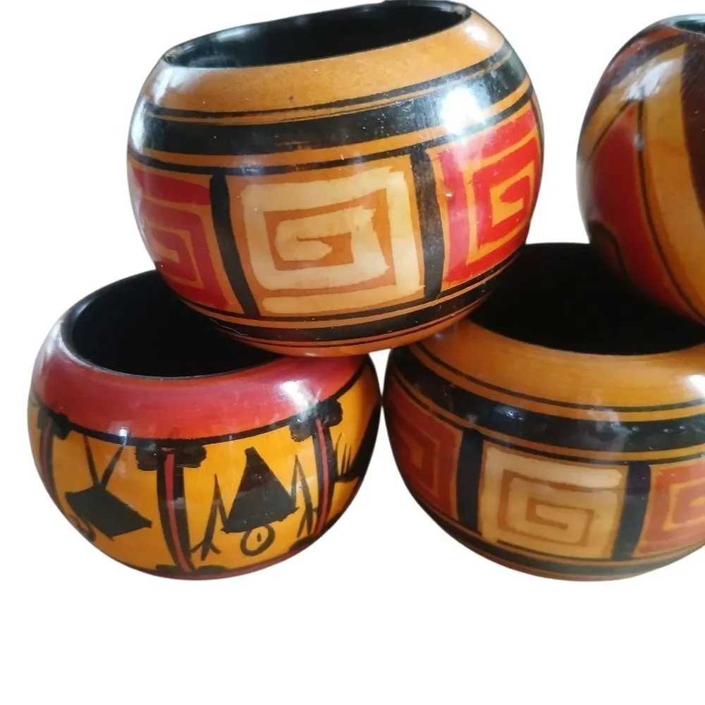 Vintage 70's Hand Carved Napkin Rings Wood Polished Artisan Ethnic
